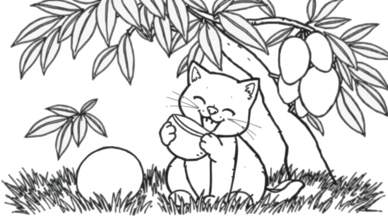 Kleurplaat van een vrolijke kat die een mango eet onder een boom.