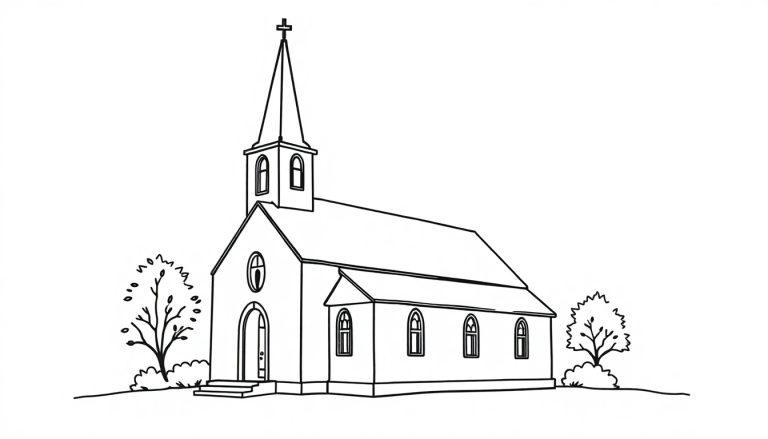 Kleurplaat van een kerk met omliggende bomen.