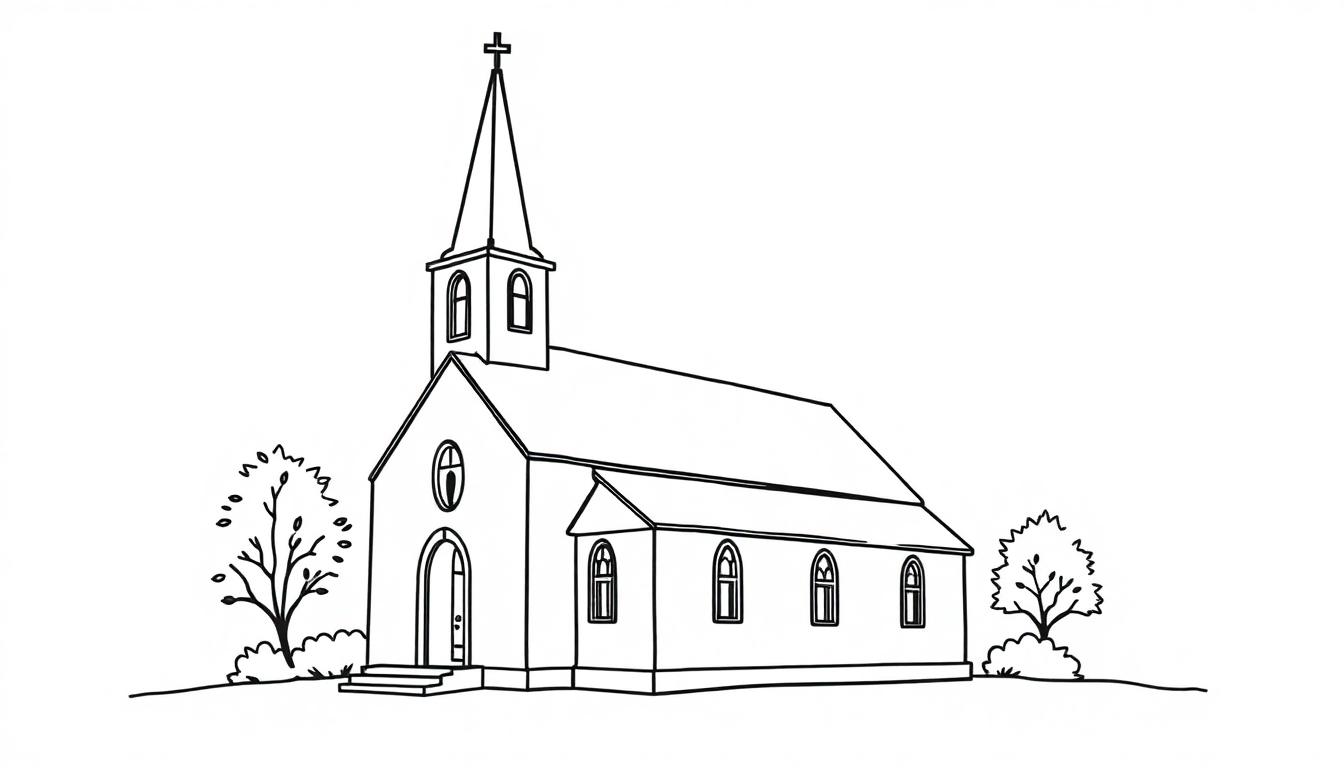 Kleurplaat van een kerk met omliggende bomen.