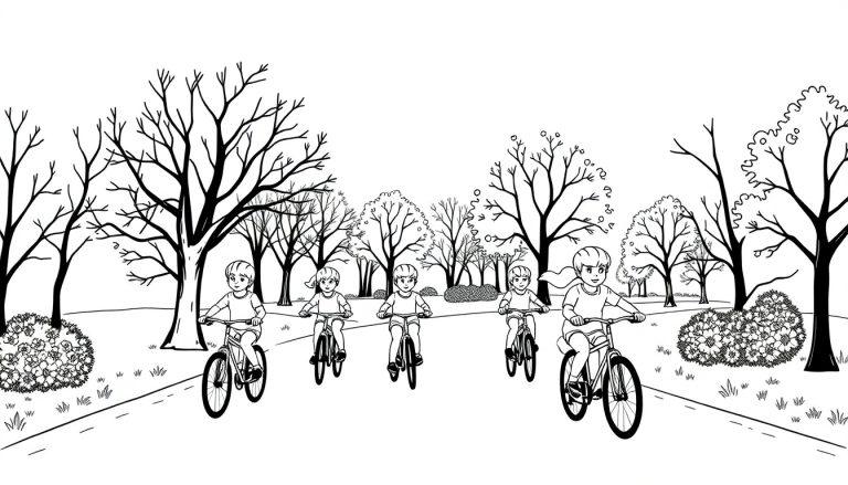 Kleurplaat van kinderen op fietsen in een buurt met bomen en struiken.