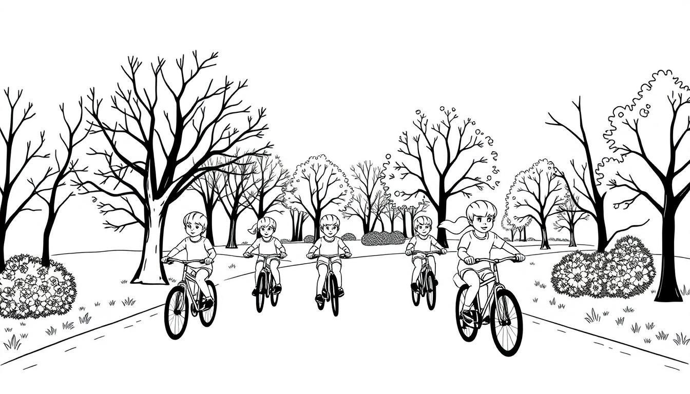 Kleurplaat van kinderen op fietsen in een buurt met bomen en struiken.