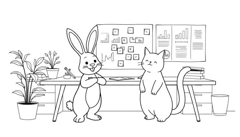Kleurplaat van een vrolijk konijn en een kat die samenwerken in een kantoor met planten en een data-dashboard op de muur.
