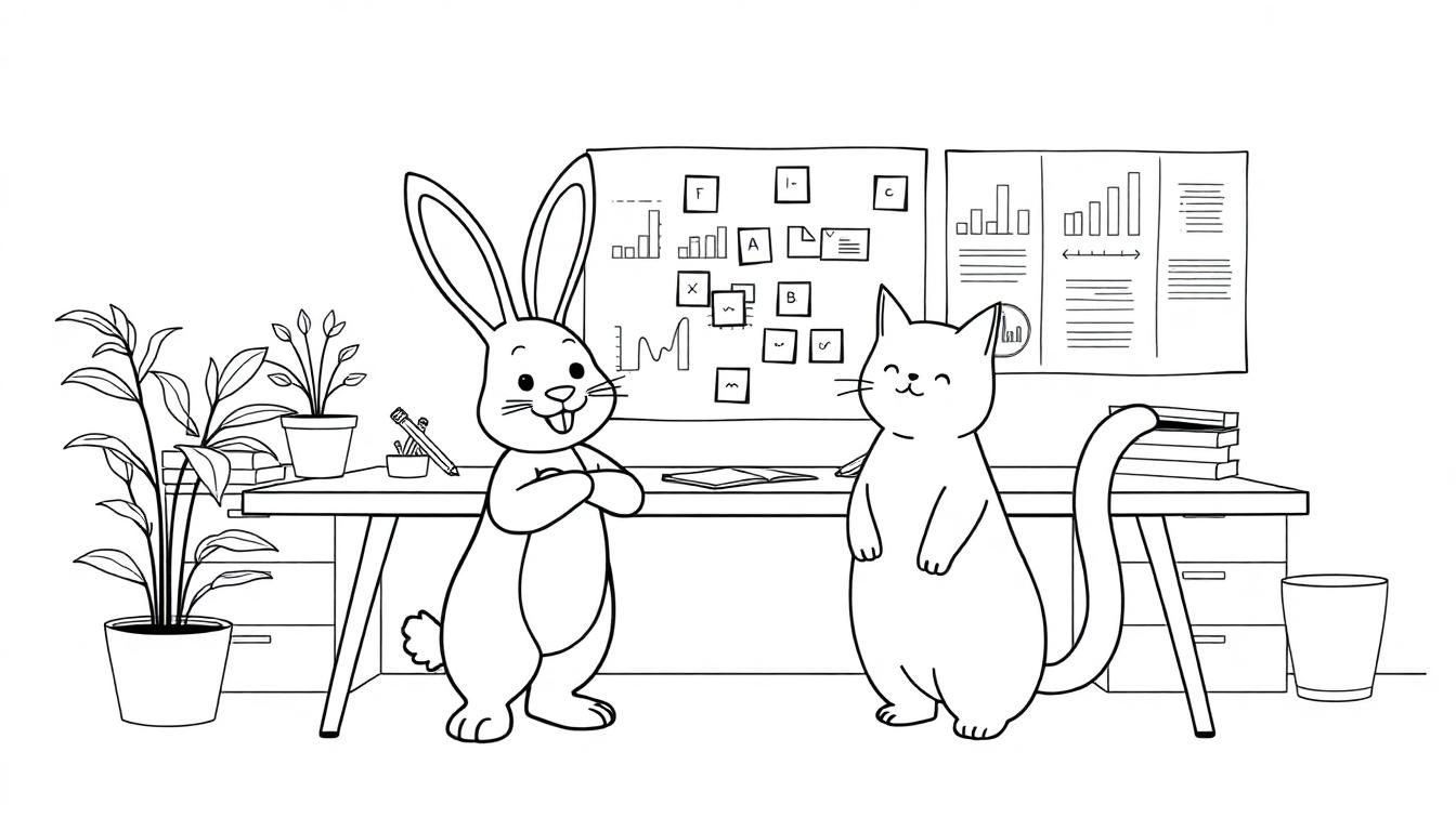 Kleurplaat van een vrolijk konijn en een kat die samenwerken in een kantoor met planten en een data-dashboard op de muur.