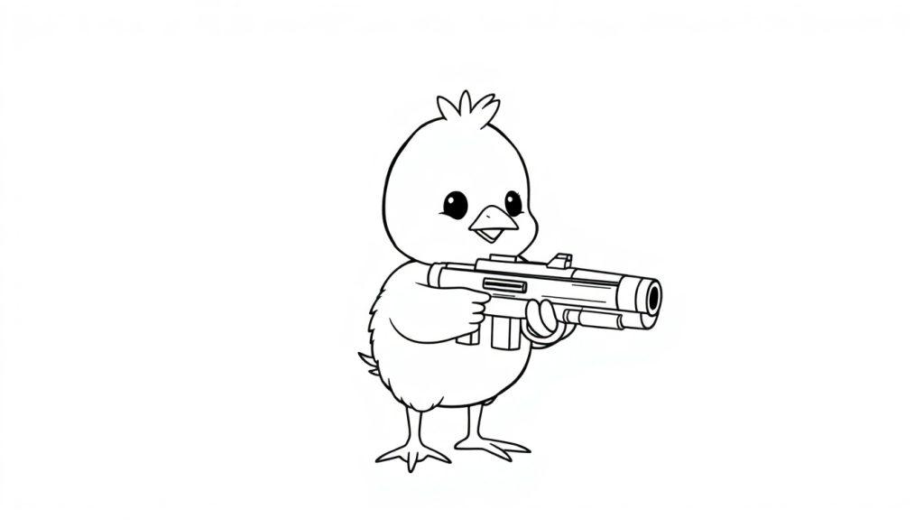 Kleurplaat van een schattig kuiken met een grappige minigun.