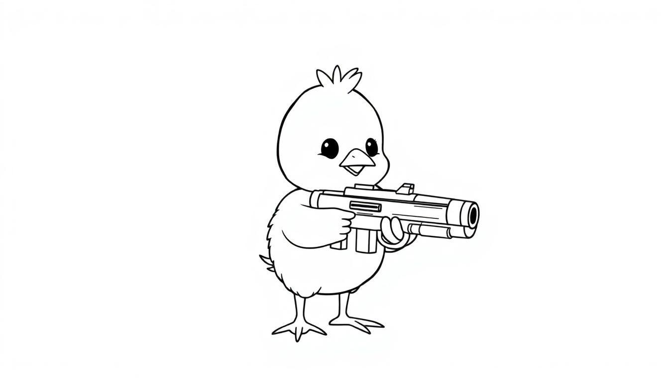 Kleurplaat van een schattig kuiken met een grappige minigun.