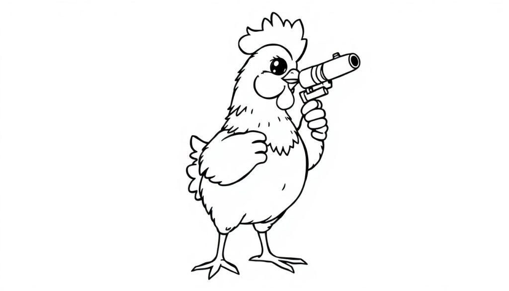 Kleurplaat van een kuiken met een grappige minigun.
