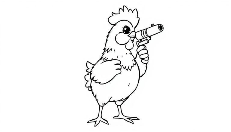 Kleurplaat van een kuiken met een grappige minigun.