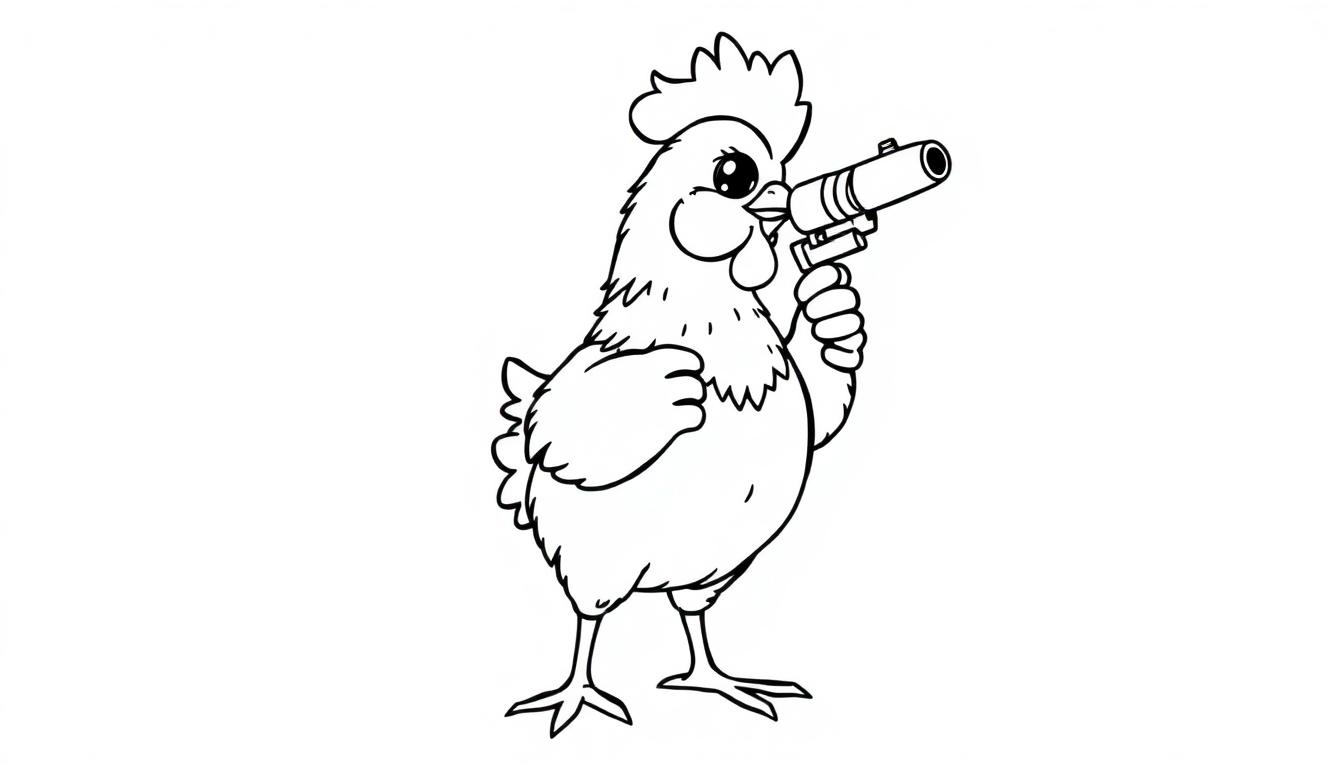 Kleurplaat van een kuiken met een grappige minigun.