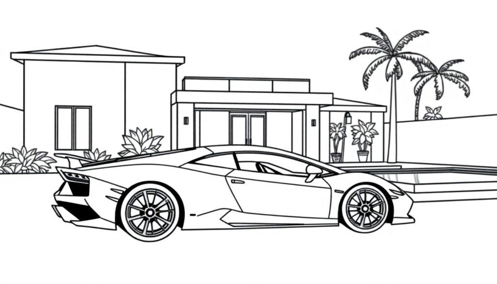 Kleurplaat van een luxe huis met een Lamborghini en een zwembad.