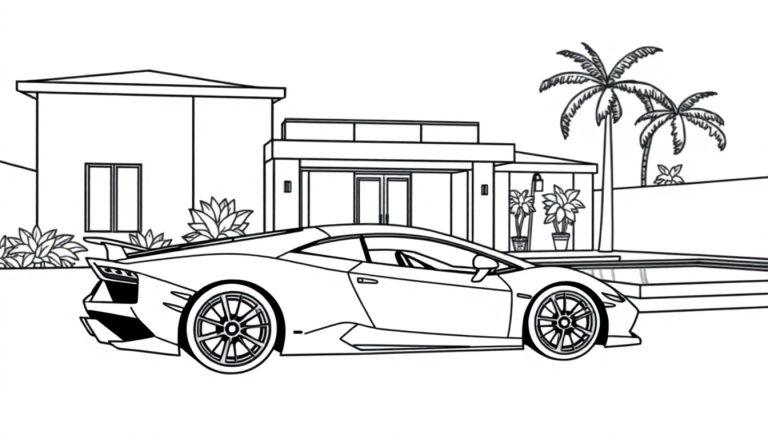 Kleurplaat van een luxe huis met een Lamborghini en een zwembad.