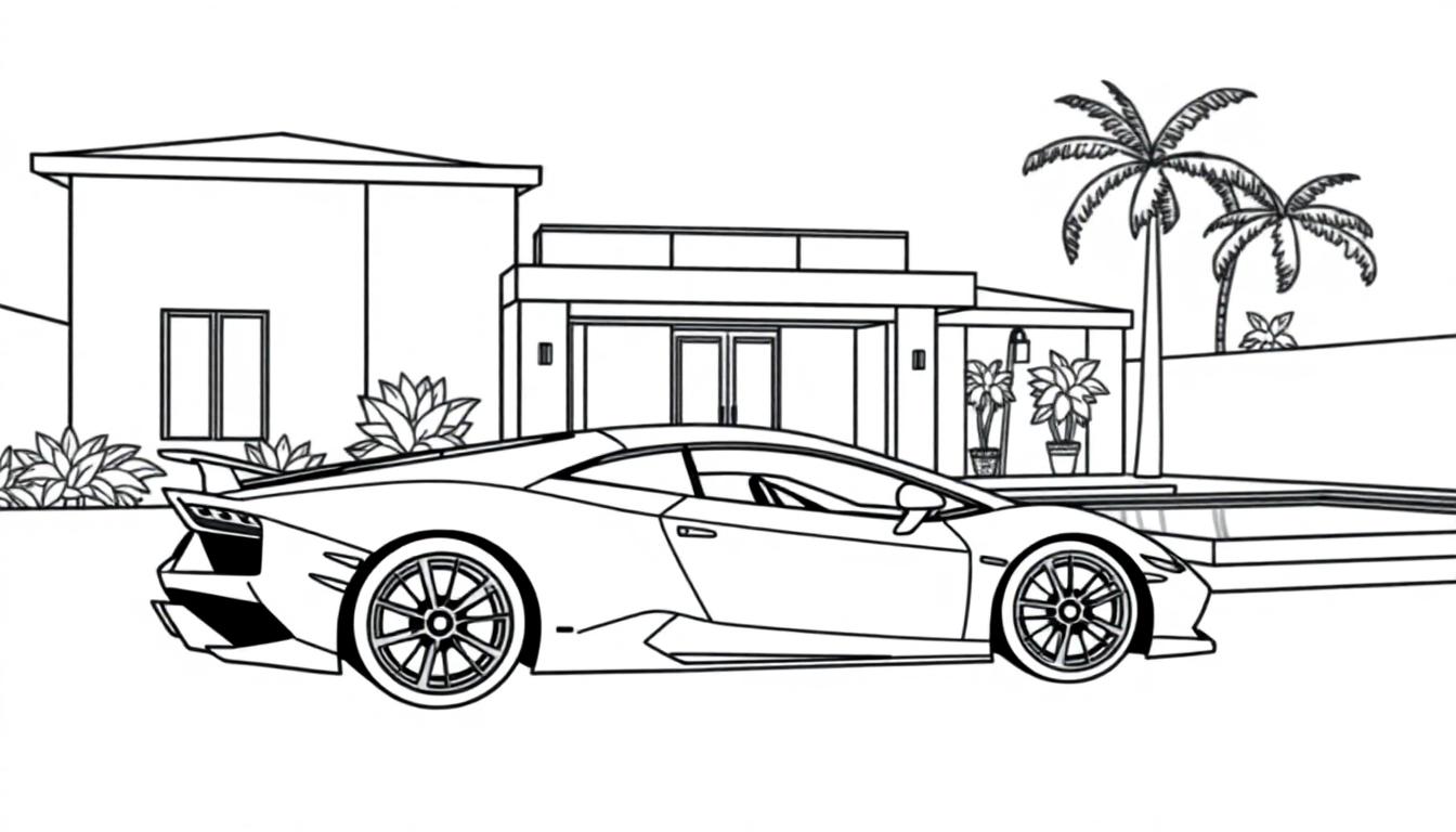 Kleurplaat van een luxe huis met een Lamborghini en een zwembad.