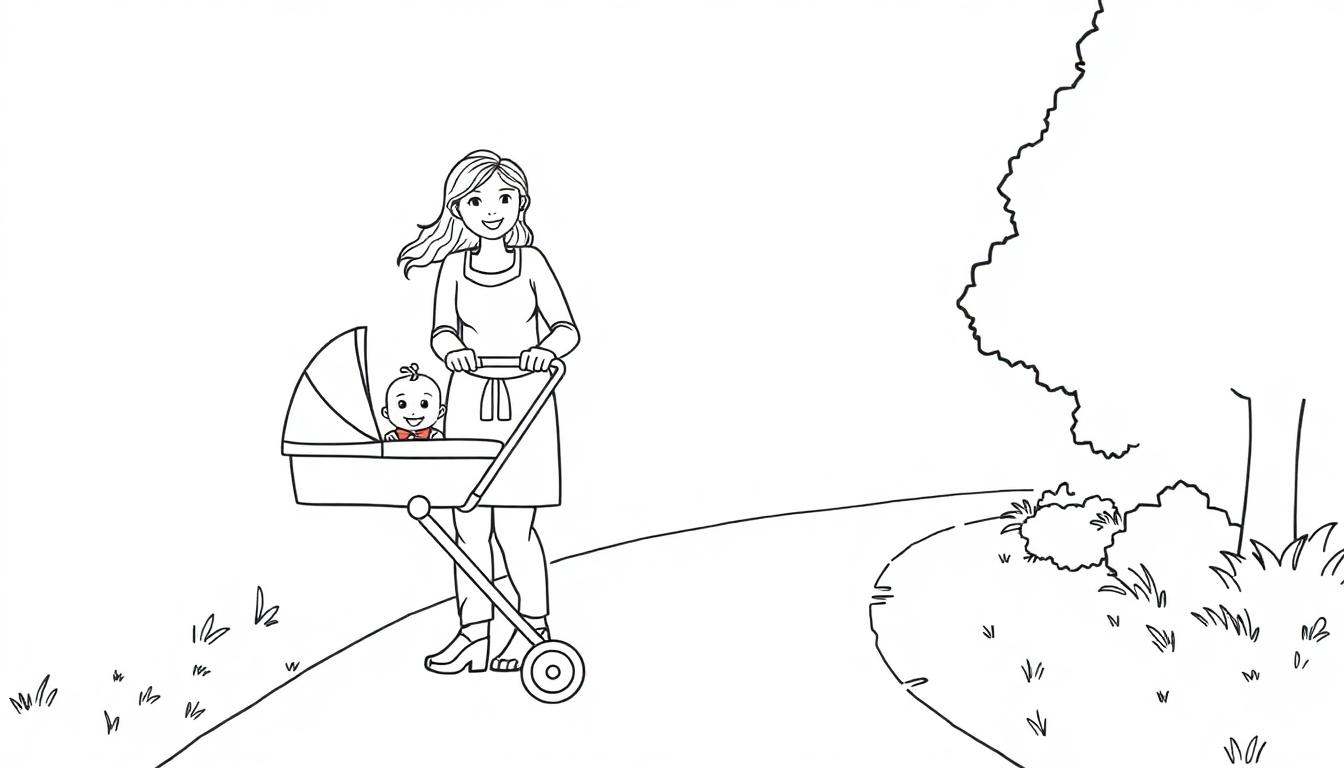 Een kleurplaat van een mama met een baby in een kinderwagen op een wandelpad.
