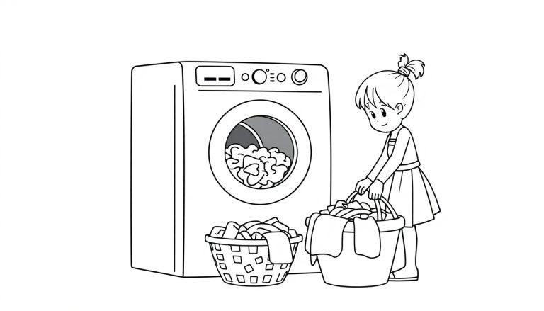 Kleurplaat van een meisje dat de wasmachine leegmaakt.