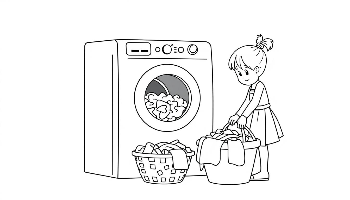 Kleurplaat van een meisje dat de wasmachine leegmaakt.