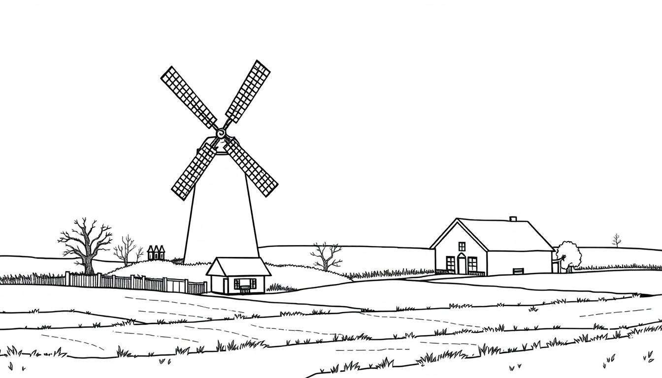 Kleurplaat van een Nederlandse molen in een landelijke omgeving