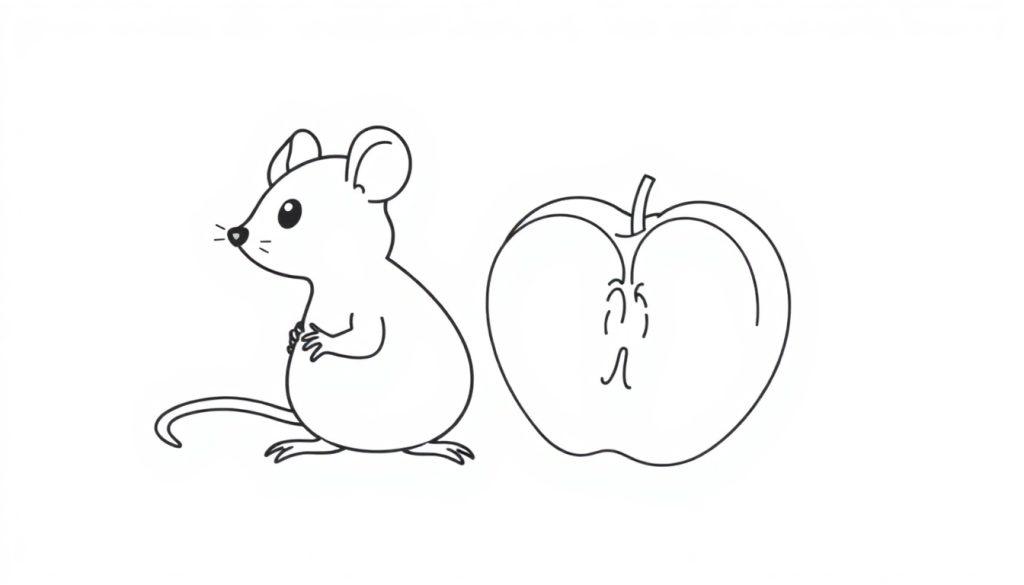 Kleurplaat van een muis naast een half opgegeten appel.