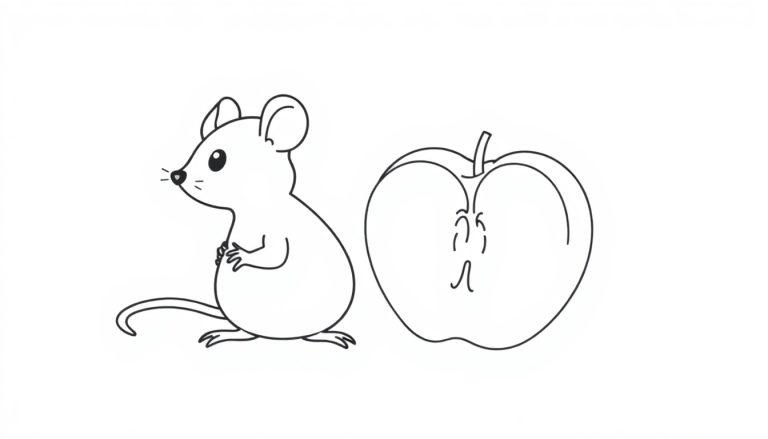Kleurplaat van een muis naast een half opgegeten appel.