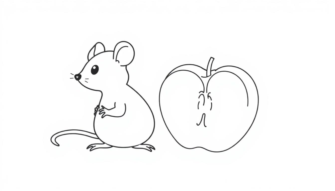 Kleurplaat van een muis naast een half opgegeten appel.