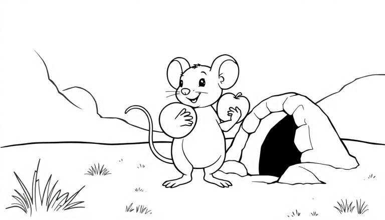 Kleurplaat van een vrolijke muis met een appel die voor een stenen hol staat.