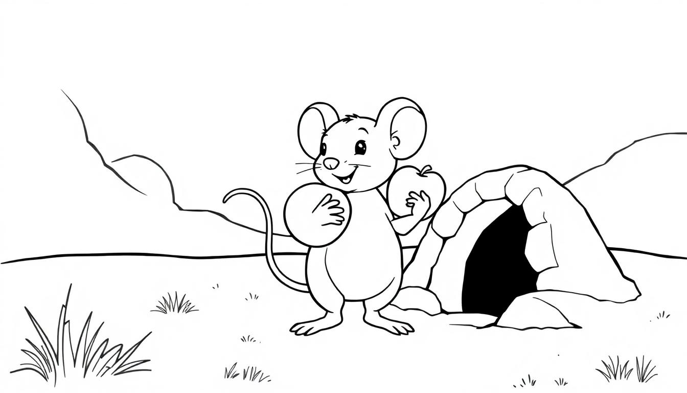 Kleurplaat van een vrolijke muis met een appel die voor een stenen hol staat.