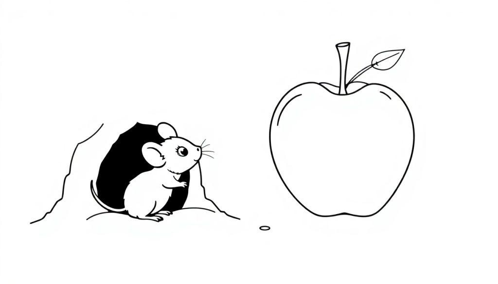 Kleurplaat van een klein muisje dat vanuit zijn holletje naar een grote appel kijkt.