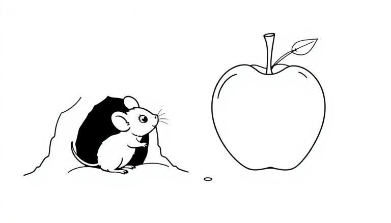 Kleurplaat van een klein muisje dat vanuit zijn holletje naar een grote appel kijkt.