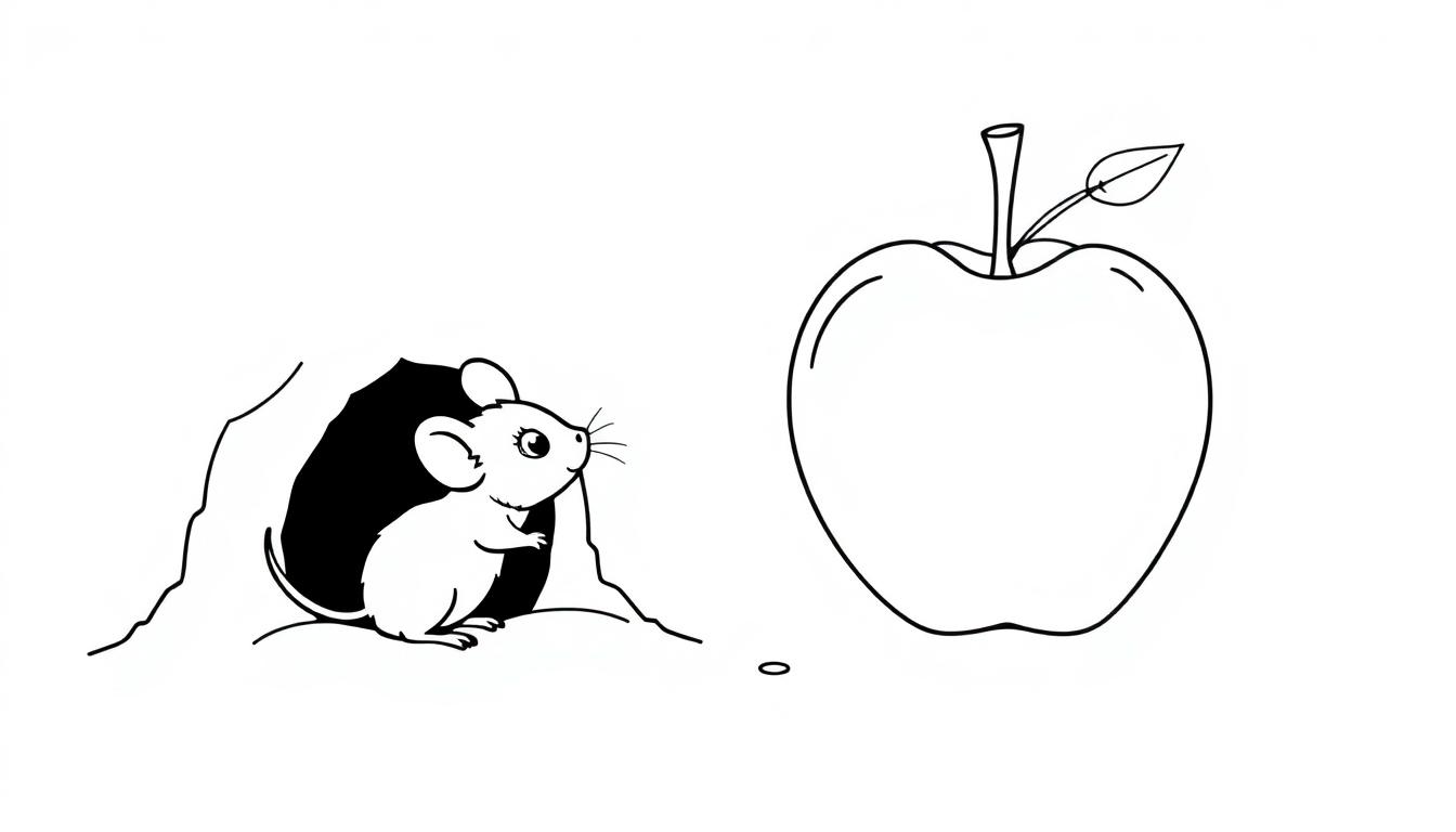 Kleurplaat van een klein muisje dat vanuit zijn holletje naar een grote appel kijkt.