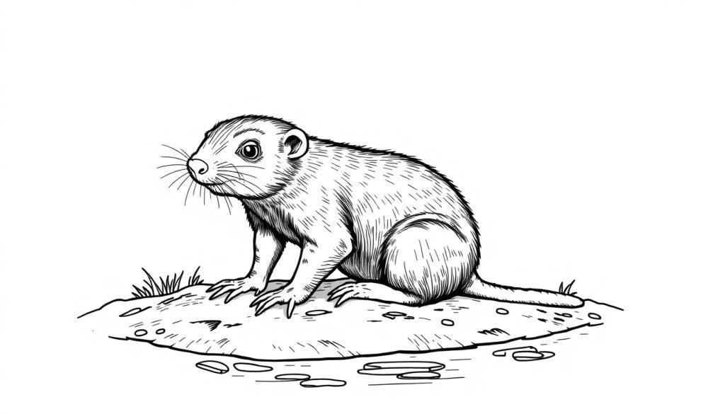 Kleurplaat van een naakte molrat op een steen, getekend in detail.