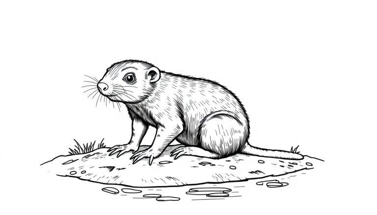 Kleurplaat van een naakte molrat op een steen, getekend in detail.