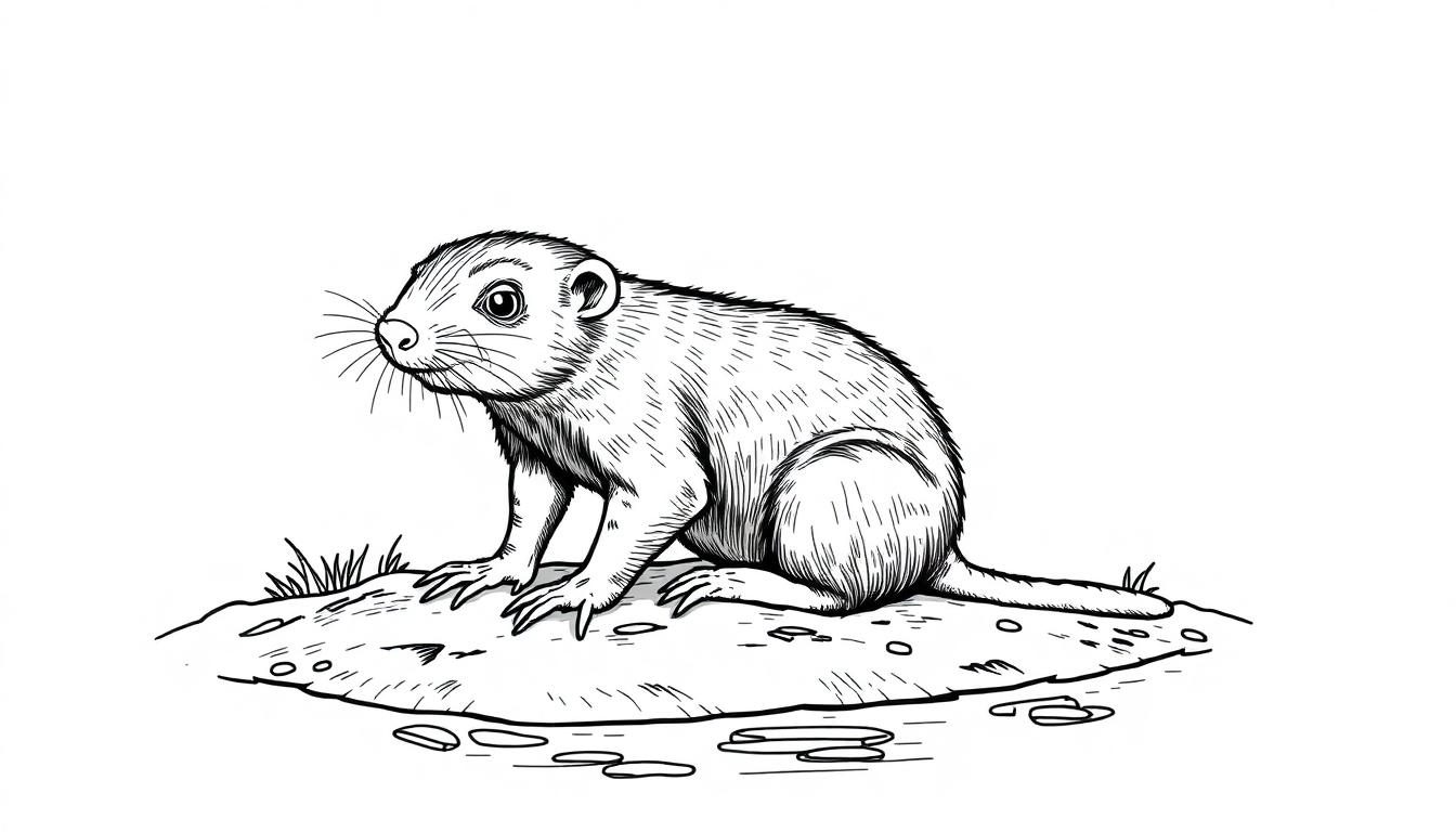 Kleurplaat van een naakte molrat op een steen, getekend in detail.