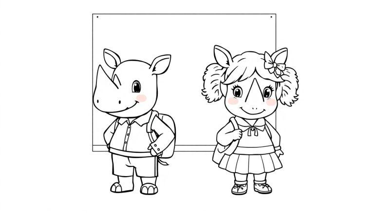 Kleurplaat van twee schattige neushoorns in schooloutfits voor een schoolbord.
