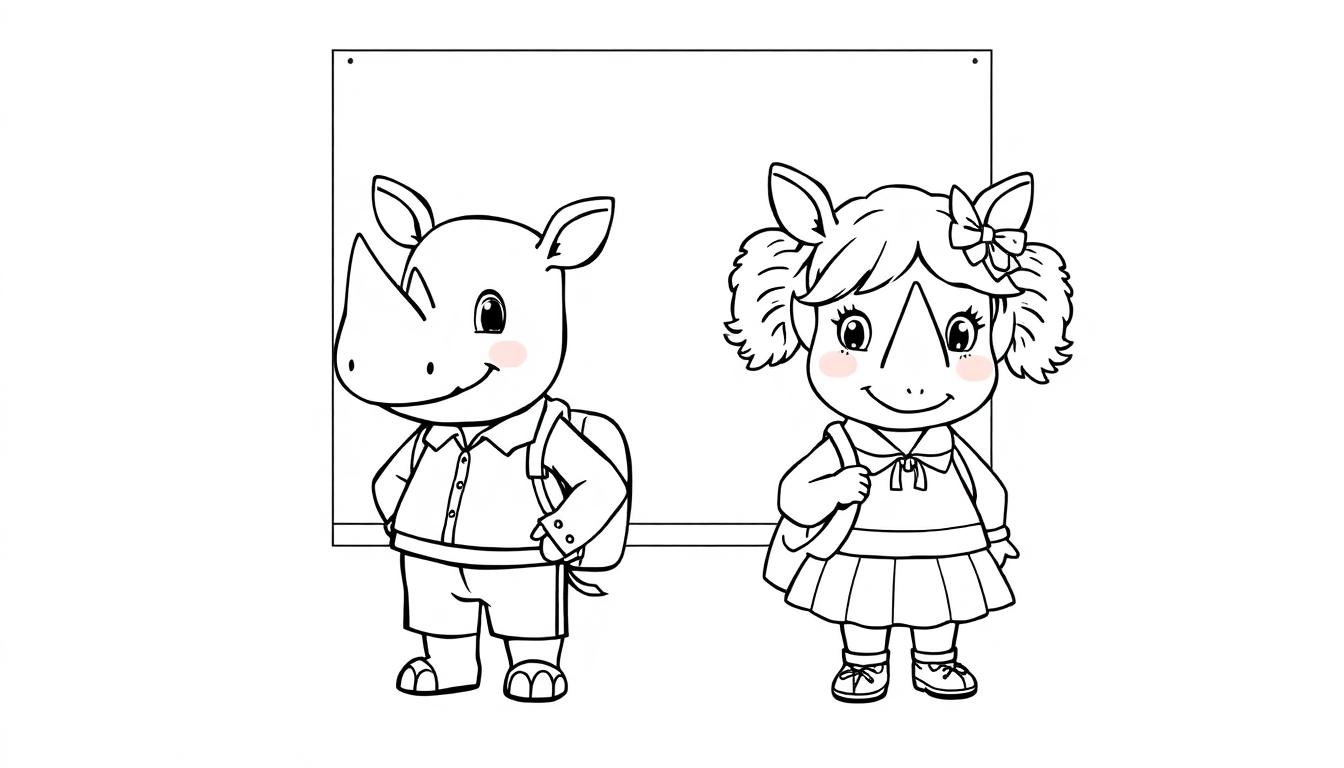 Kleurplaat van twee schattige neushoorns in schooloutfits voor een schoolbord.