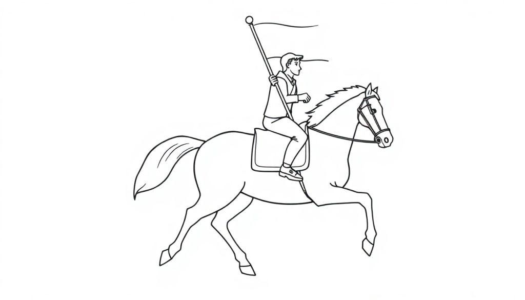 Kleurplaat van een paard met ruiter die een wapperend vaandel vasthoudt.