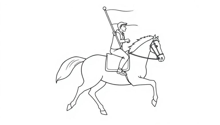 Kleurplaat van een paard met ruiter die een wapperend vaandel vasthoudt.