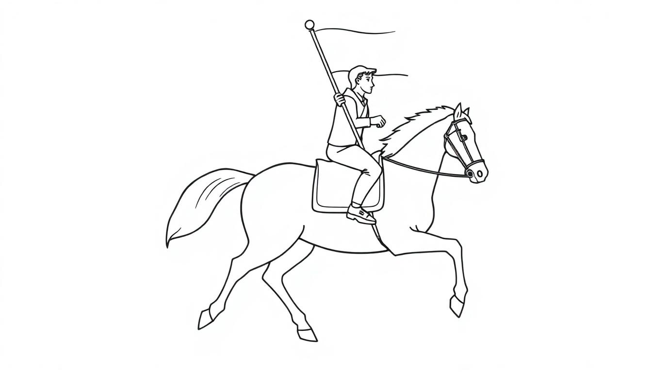 Kleurplaat van een paard met ruiter die een wapperend vaandel vasthoudt.