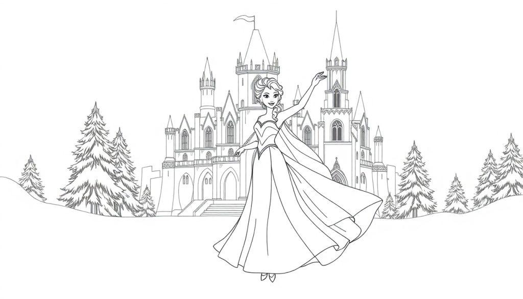 Kleurplaat van een prinses in een mooie jurk voor een groot kasteel omringd door besneeuwde bomen.