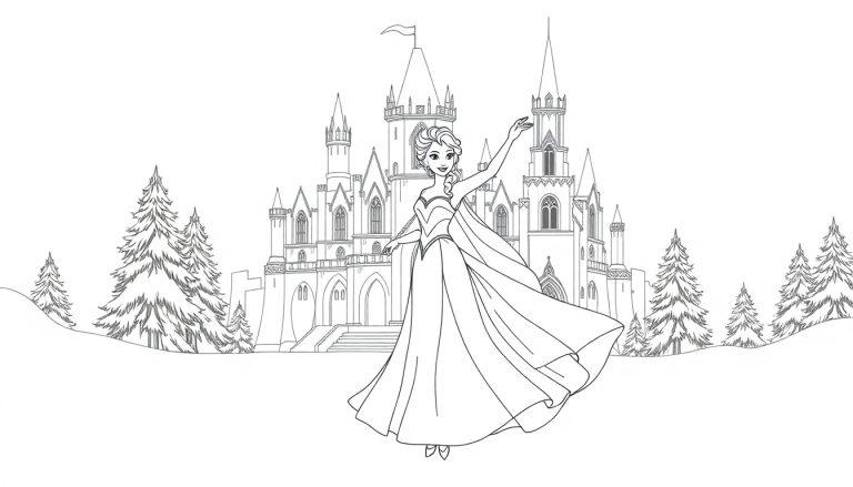 Kleurplaat van een prinses in een mooie jurk voor een groot kasteel omringd door besneeuwde bomen.