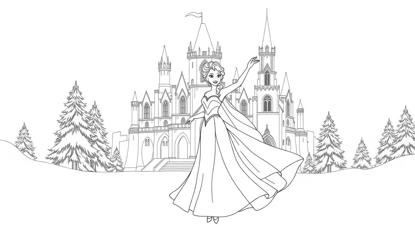 Kleurplaat van een prinses in een mooie jurk voor een groot kasteel omringd door besneeuwde bomen.