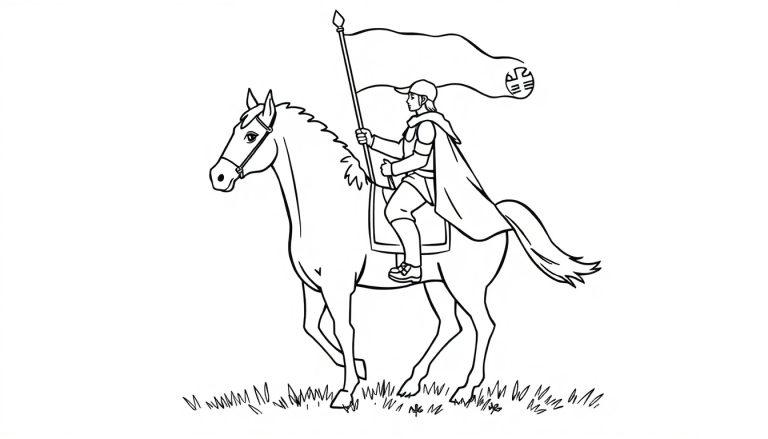 Kleurplaat van een ridder te paard met een vaandel.