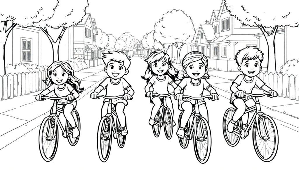 Kleurplaat van vijf kinderen die samen in de buurt aan het fietsen zijn, omringd door huizen en bomen.