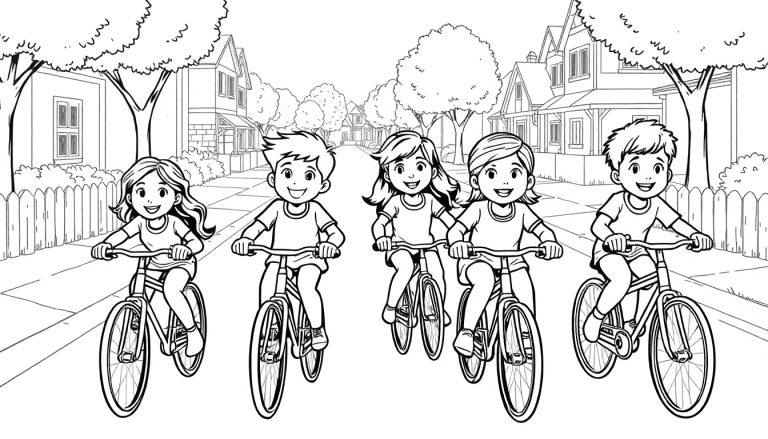 Kleurplaat van vijf kinderen die samen in de buurt aan het fietsen zijn, omringd door huizen en bomen.