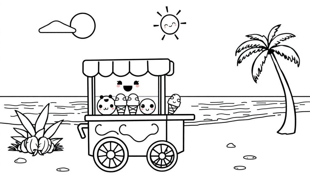 Kawaii kleurplaat met een vrolijke ijsjeskar op het strand onder de zon.