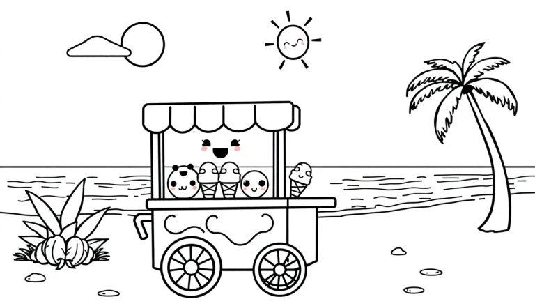 Kawaii kleurplaat met een vrolijke ijsjeskar op het strand onder de zon.