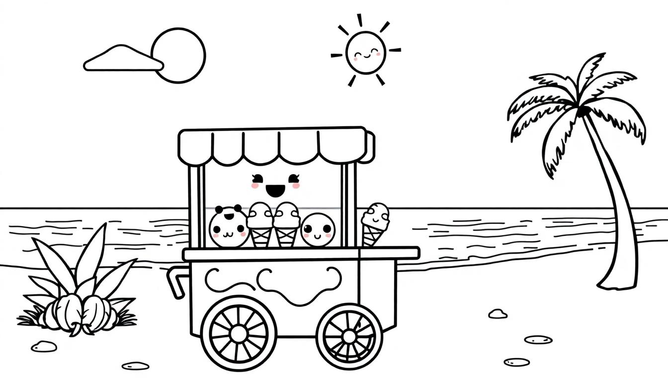 Kawaii kleurplaat met een vrolijke ijsjeskar op het strand onder de zon.