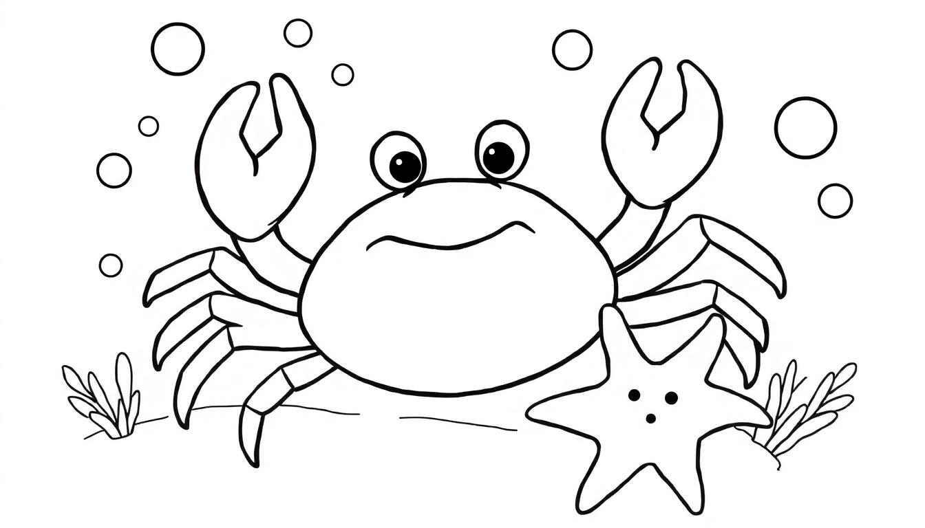 Kleurplaat van een schattige krab met een zeester, omringd door luchtbubbels en planten in de zee.