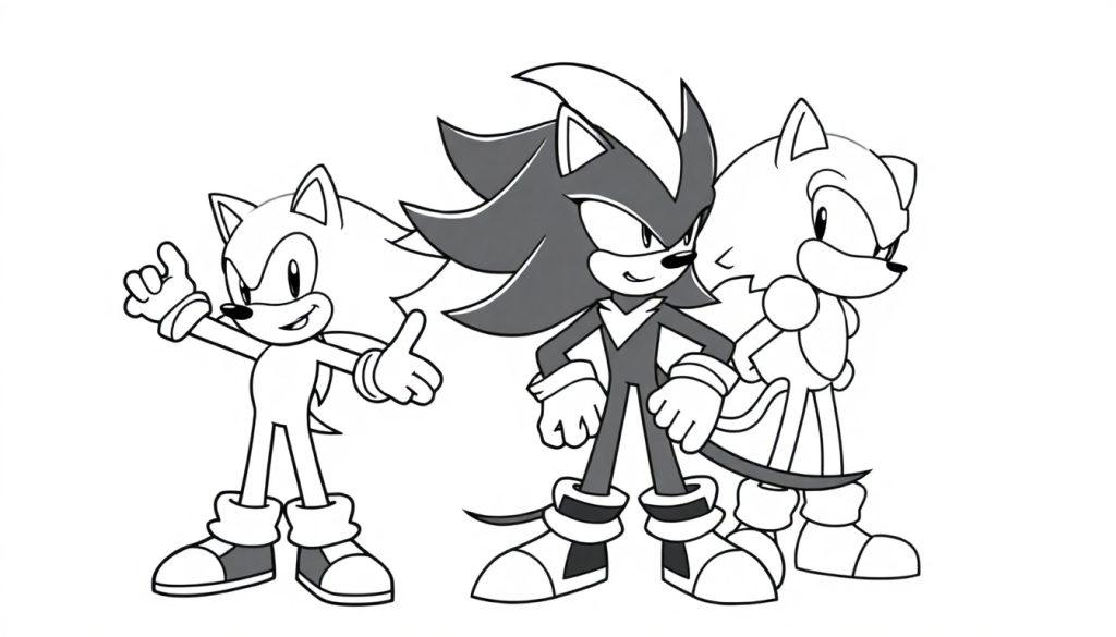 Kleurplaat van Sonic, Shadow en nog een karakter met vrolijke houdingen.