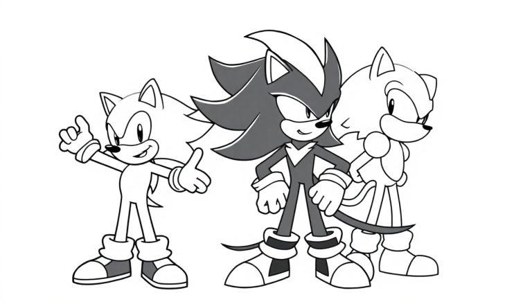 Kleurplaat van Sonic, Shadow en nog een karakter met vrolijke houdingen.