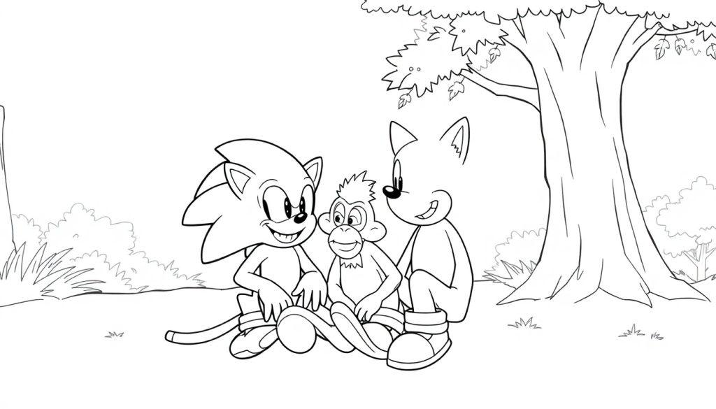 Kleurplaat van Sonic, een baviaan en Tails die samen onder een boom zitten in het bos.