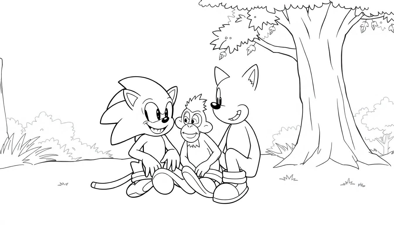 Kleurplaat van Sonic, een baviaan en Tails die samen onder een boom zitten in het bos.