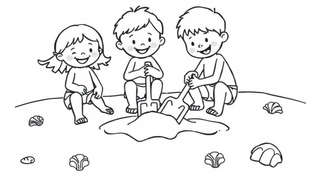 Kleurplaat van kinderen met een schep en emmer op het strand met schelpen.